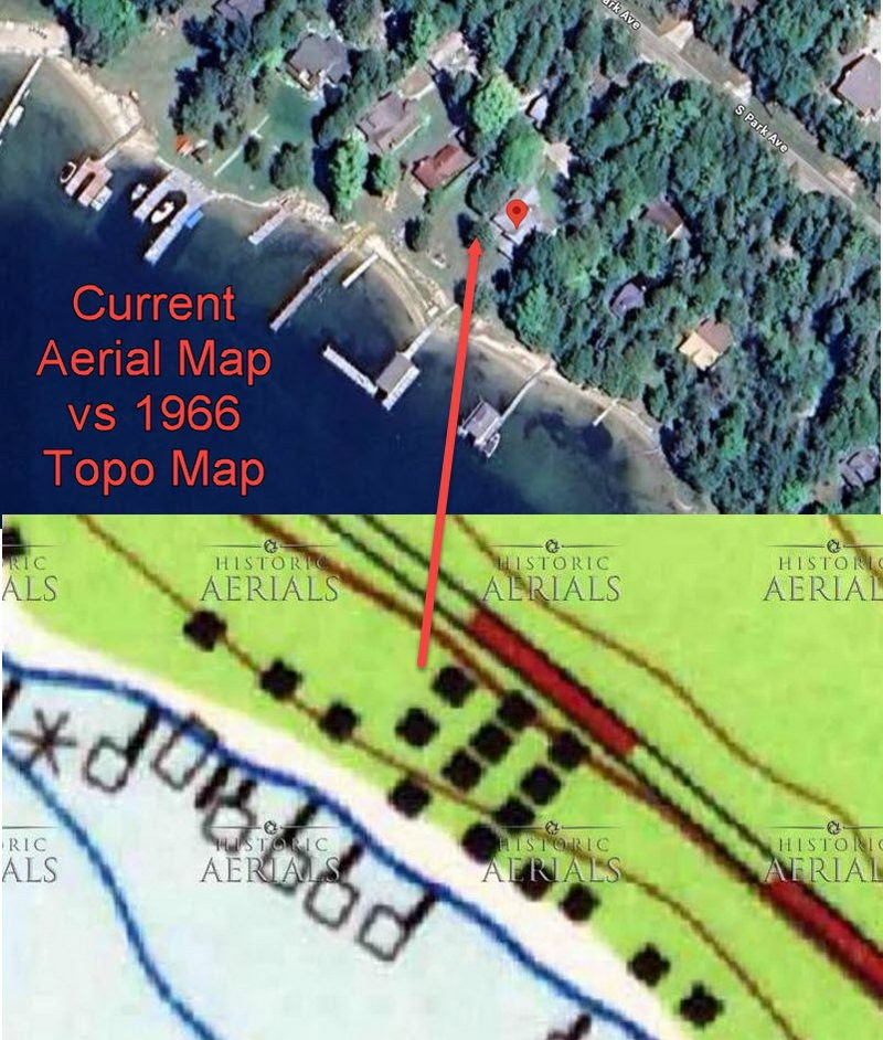 Berlins Resort (Dr. Bohns Cottages, Dr Bohns Resort) - Aerial Map Vs 1966 Topo (newer photo)